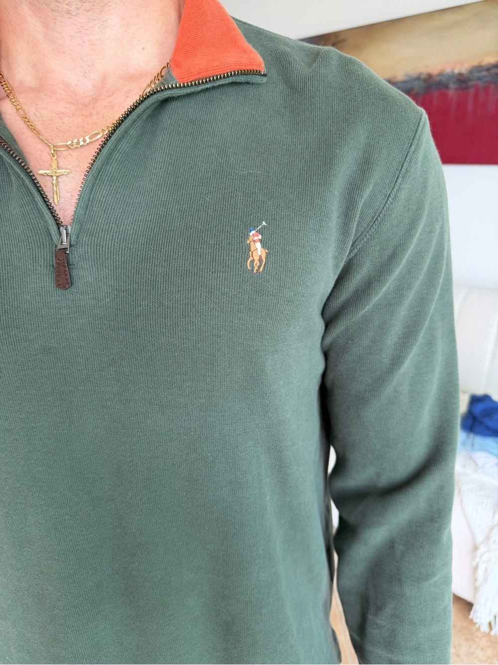 Ralph Lauren Olive Green Quarter-Zip with Orange Collar